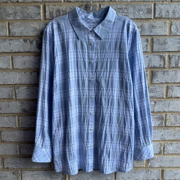Foxcroft NYC Long Sleeve Button Up White/Gray Plaid Shirt Women's Size 18W - Picture 1 of 8